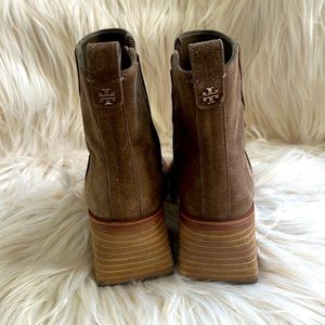 Tory Burch tan suede booties, size 8, 2” block wooden heel.